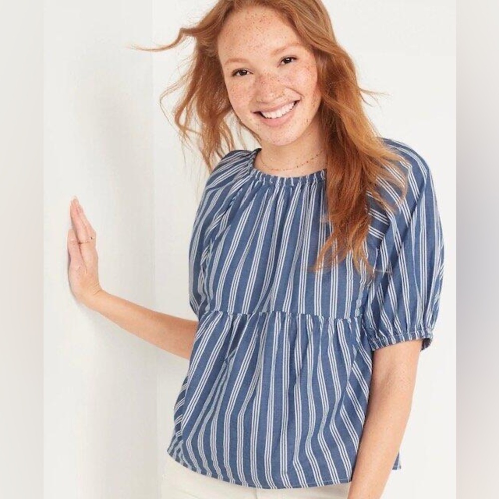 NWT Old Navy Woman's Blue Striped Puff Sleeve Swing Top Shirt Large